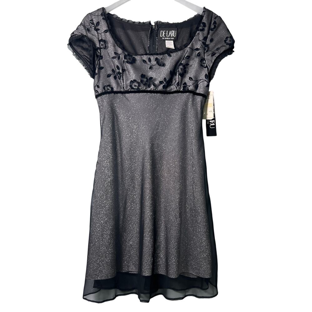 Vintage 90s Y2K De Laru Black Shimmer Cocktail Dress Size 12 Sheer Overlay Lace